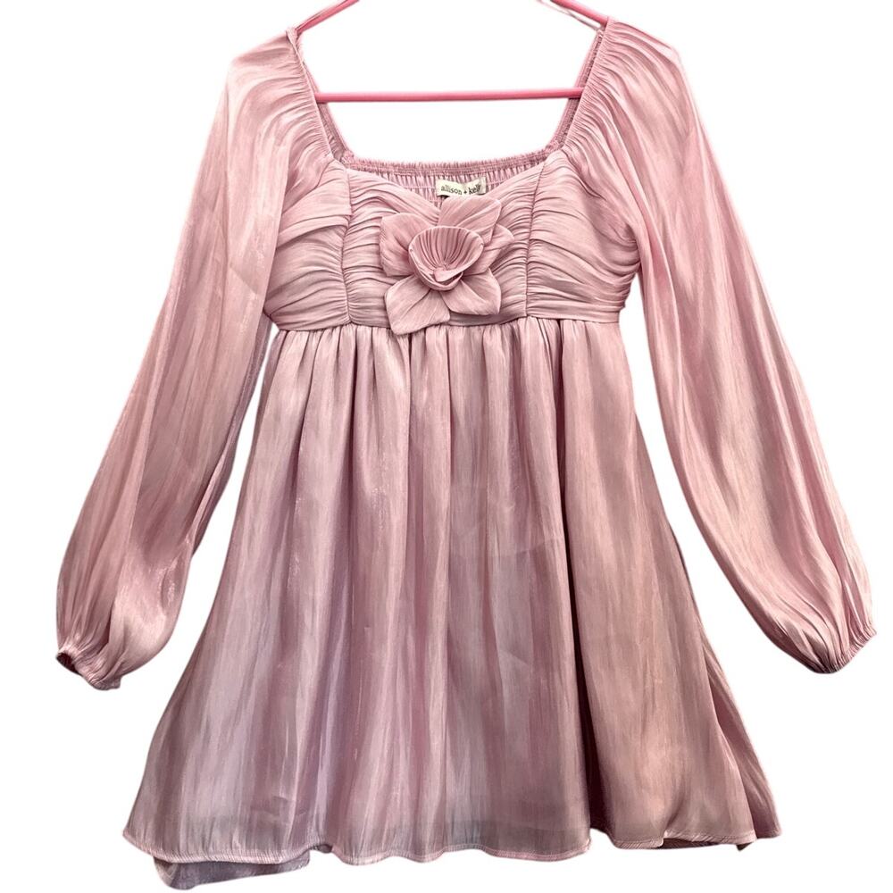 Allison Kelly Pink Blush Long Sleeve Rosette Front Mini Babydoll Dress Women S